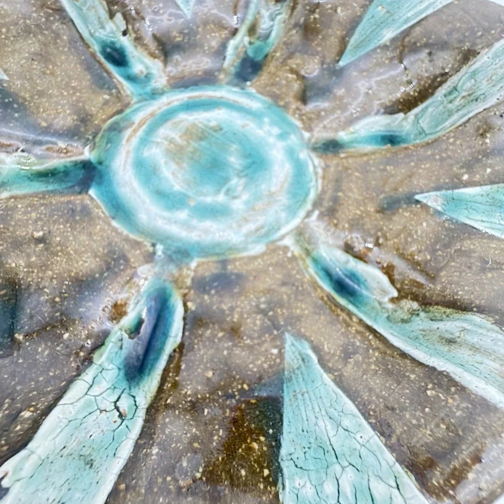 Vtg Signed LA Studio Pottery Dish Turquoise Brown Sunburst Scalloped Edge 6.5